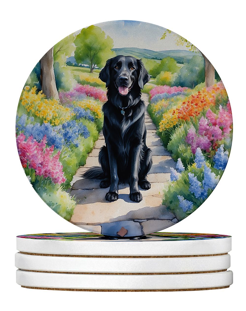 Flat-Coated Retriever Spring Path Large Sandstone Coasters Pack Of 4 Absorbent Round Coasters Decor Gifts For Men Or Women, 4 In, Multicolor_maomaolike.com