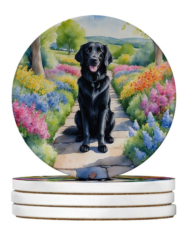 Flat-Coated Retriever Spring Path Large Sandstone Coasters Pack Of 4 Absorbent Round Coasters Decor Gifts For Men Or Women, 4 In, Multicolor_maomaolike.com