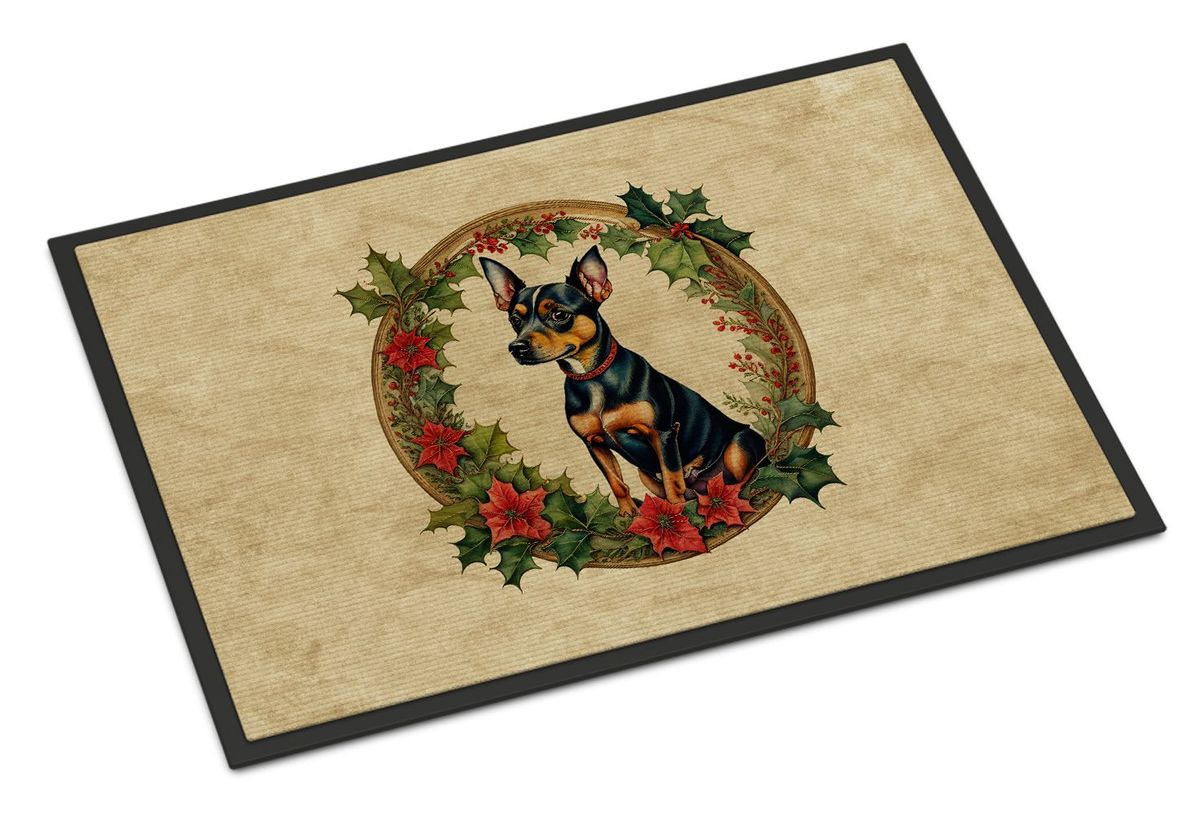 Miniature Pinscher Christmas Flowers Doormat Front Door Mat Indoor Outdoor Rugs For Entryway, Non Slip Washable Low Pile, 24H X 36W_maomaolike.com