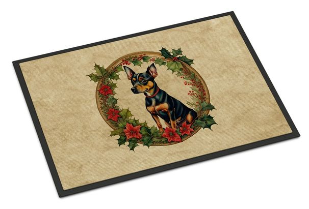 Miniature Pinscher Christmas Flowers Doormat Front Door Mat Indoor Outdoor Rugs For Entryway, Non Slip Washable Low Pile, 24H X 36W_maomaolike.com