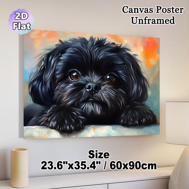 Black Fluffy Puppy Painting Poster, Vivid Realistic Oil Painting Style Poster, Warm Endearing Decor Ideal For Living Room, Bedroom And Pet Enthusiast_maomaolike.com
