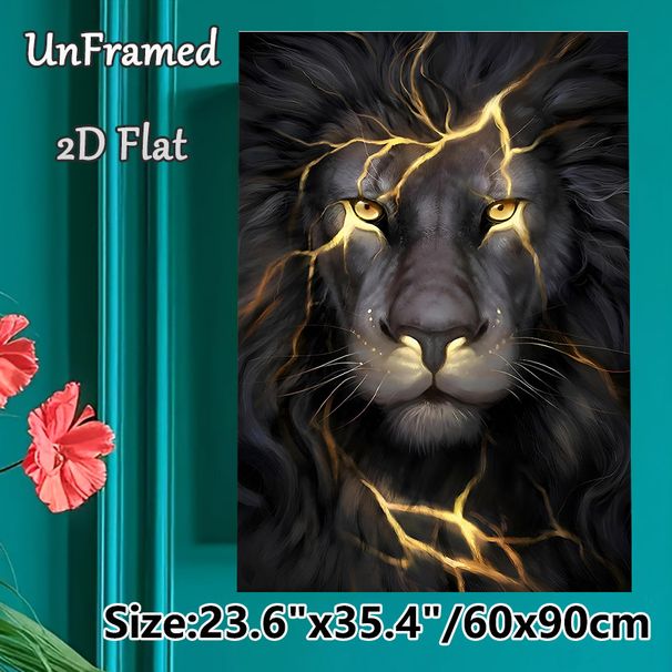 Lightning Black Lion Painting Poster, Mysterious Dark Fantasy Style Poster, Striking Design With Glowing Golden Lightning Accents, Ideal For Living_maomaolike.com