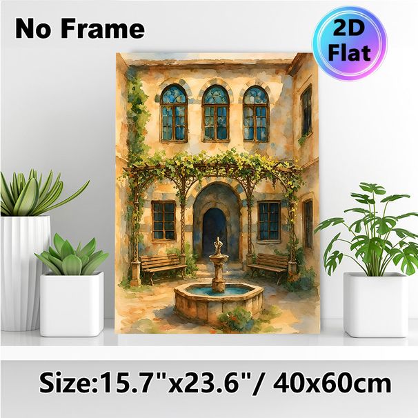 Mediterranean Courtyard Painting Poster, Soft Watercolor Style Charming Courtyard With Fountain & Vine Pergola Poster, Warm Tranquil Decor Ideal For_maomaolike.com