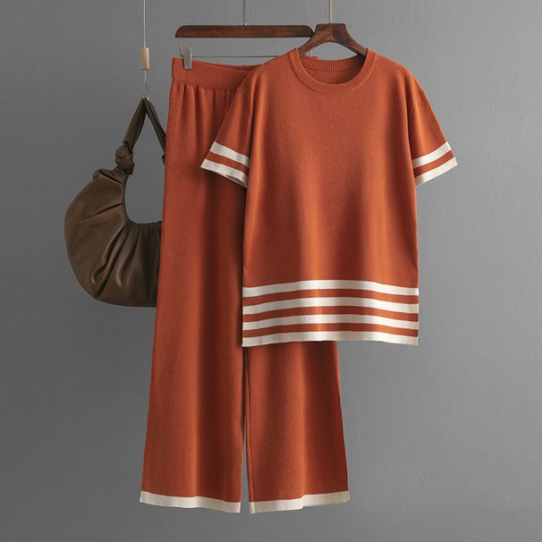 Women's Clothing contrast striped split short sleeved sweater + high waisted slim wide leg pants trousers fashionable casual two piece suit_maomaolike.com