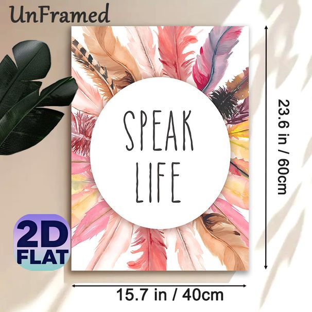"Speak Life" Feather Themed Painting Poster, Watercolor Soft-hued Feather Framed Inspirational Text Poster, Uplifting Message Decor Ideal For Home_maomaolike.com