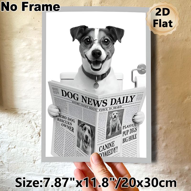 Dog Reading Newspaper Painting Poster, Monochrome Whimsical Dog With Glasses On Toilet Poster, Playful Humorous Decor Ideal For Bathroom, Living Room_maomaolike.com