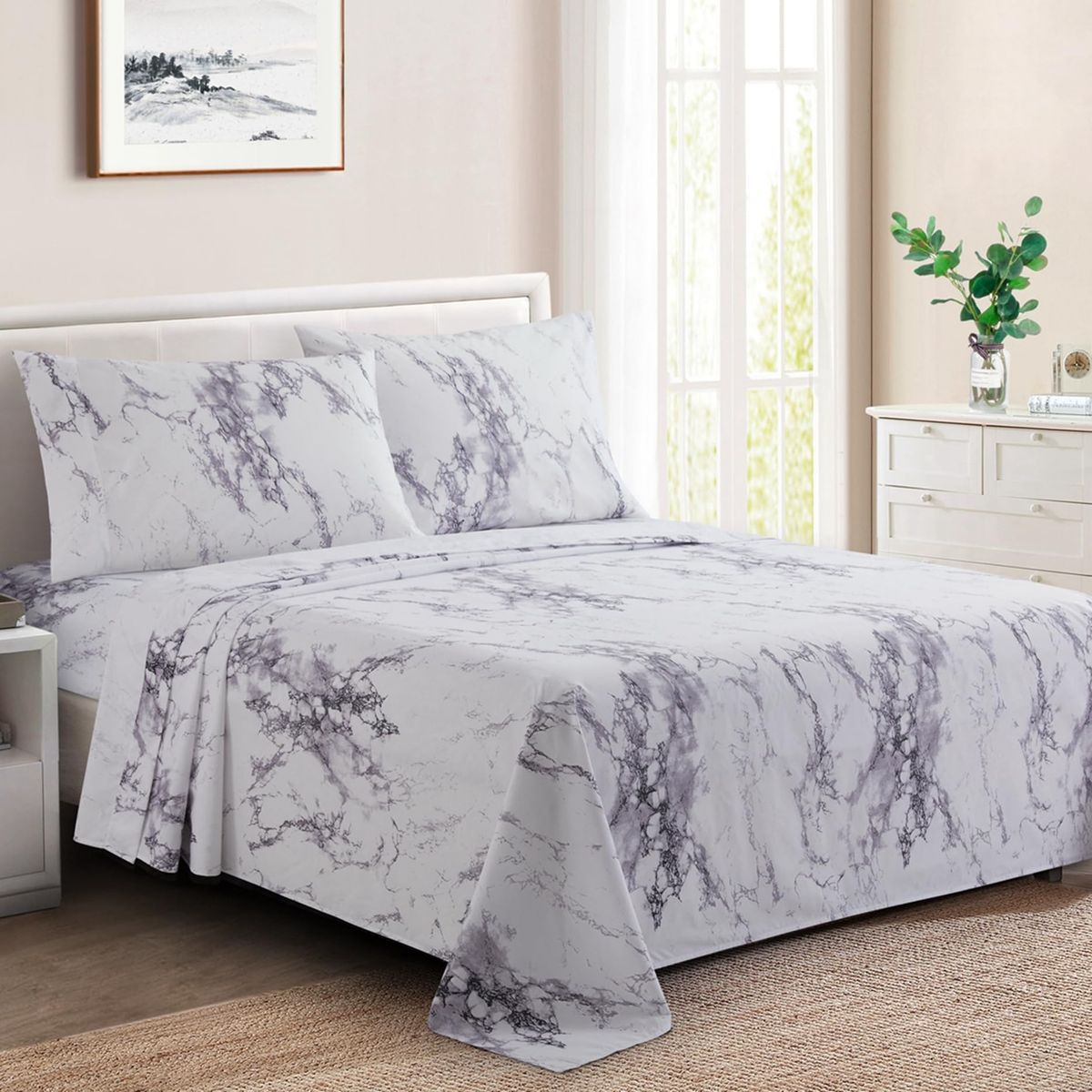 Gray Marble Four Piece Bed Cover Queen King Flat Fitted Sheet With Pillowcase_maomaolike.com