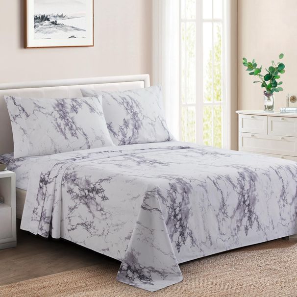 Gray Marble Four Piece Bed Cover Queen King Flat Fitted Sheet With Pillowcase_maomaolike.com