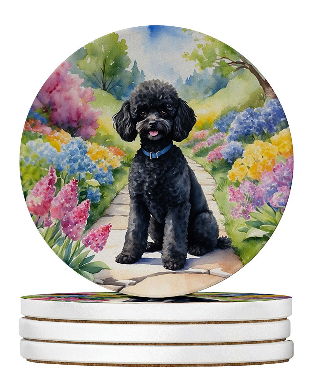 Black Poodle Spring Path Large Sandstone Coasters Pack Of 4 Absorbent Round Coasters Decor Gifts For Men Or Women, 4 In, Multicolor_maomaolike.com