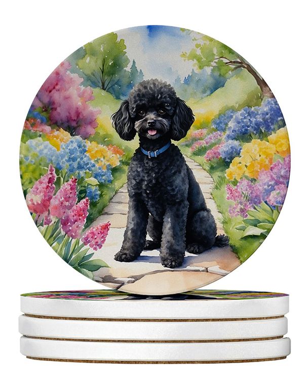 Black Poodle Spring Path Large Sandstone Coasters Pack Of 4 Absorbent Round Coasters Decor Gifts For Men Or Women, 4 In, Multicolor_maomaolike.com