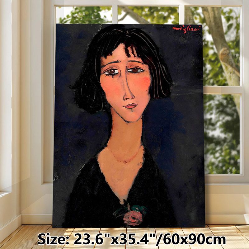 Bob-haired Woman Portrait Painting Poster, Expressionist Style Soft-toned Portrait With Rose Detail Poster, Timeless Artistic Decor Ideal For Living_maomaolike.com