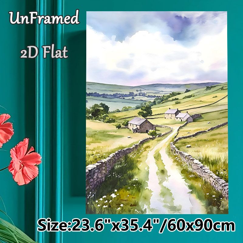 Rural Countryside Painting Poster, Soft-toned Watercolor Pastoral Landscape Poster, Serene Natural Scenery Ideal For Home Living Room, Bedroom_maomaolike.com