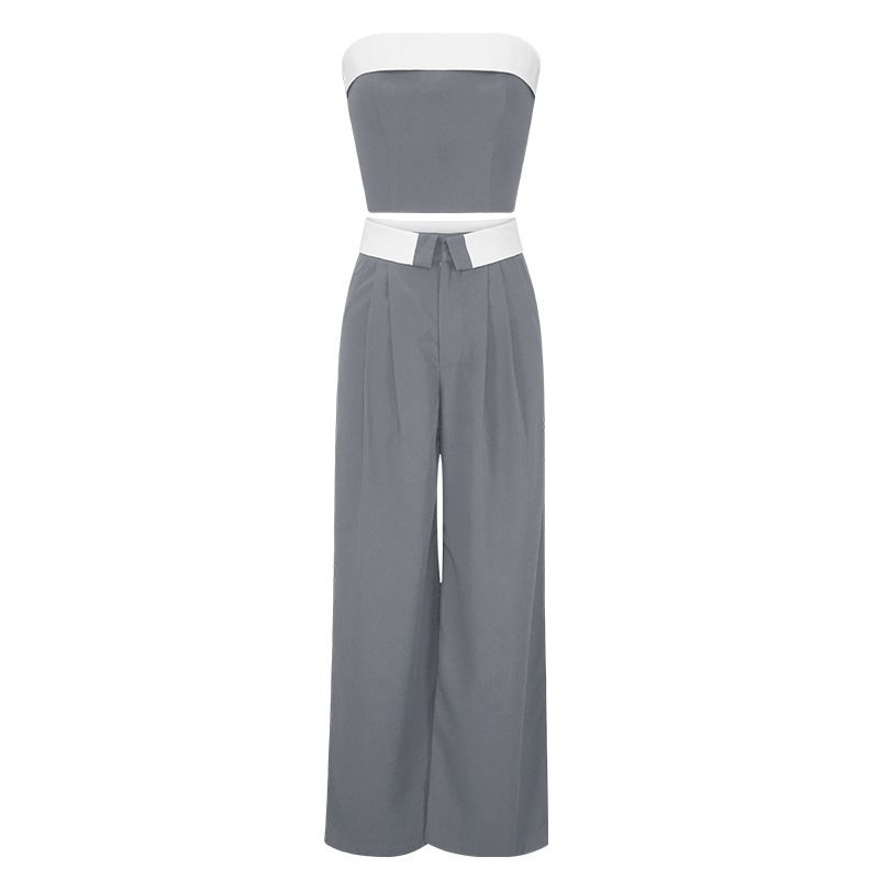 Women's color contrast vest wide leg suit pants fashion casual two sets_maomaolike.com