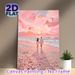 Couple Beach Sunset Painting Poster, Soft-hued Impressionist Poster, Romantic Scene Of Couple Walking On Shell-covered Pink Beach At Sunset, Ideal For_maomaolike.com