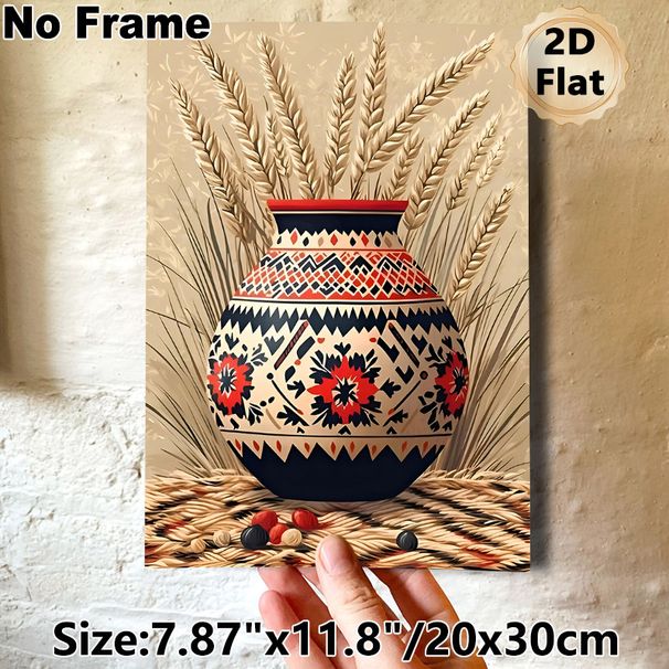 Ethnic Pot With Wheat Painting Poster, Vibrant Ethnic-style Intricate Patterned Pot & Wheat Stalks Poster, Warm Rustic Decor For Living Room, Dining_maomaolike.com
