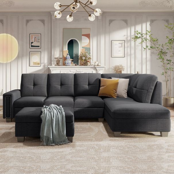 Reversible Sectional Sofa Space Saving With Storage Ottoman Rivet Ornament L-shape Couch For Large Space Dorm Apartment_maomaolike.com
