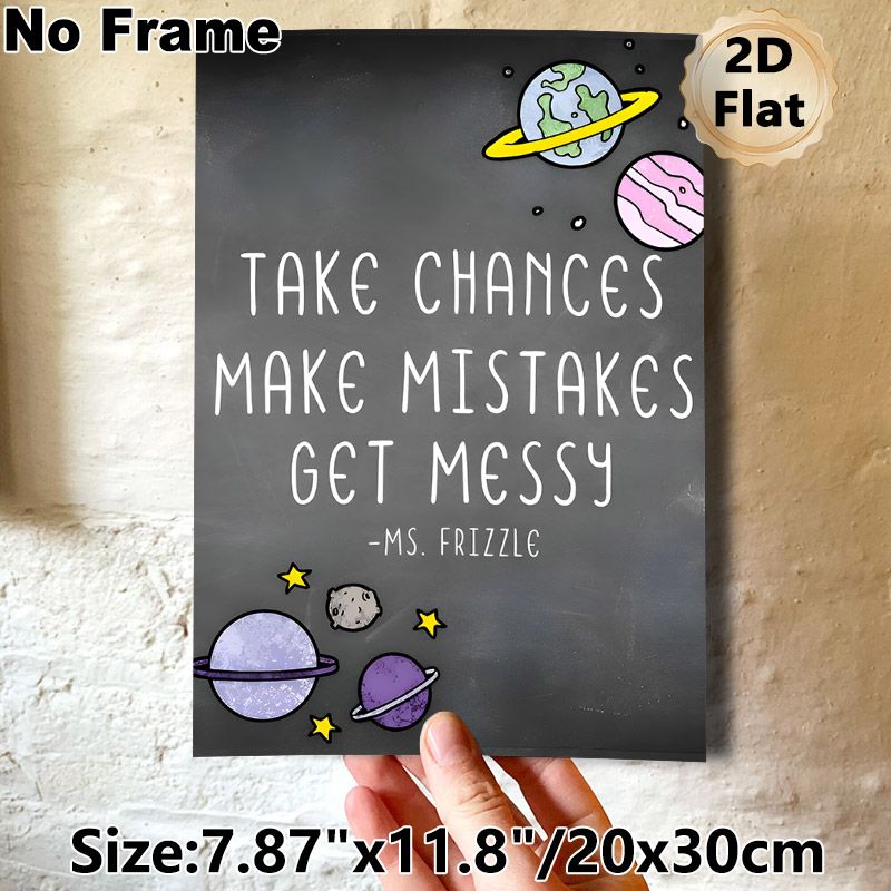 Space Inspirational Quote Painting Poster, Chalkboard-style Cartoon Planets & Typography Poster, Motivational Message To Embrace Risks, Ideal For_maomaolike.com