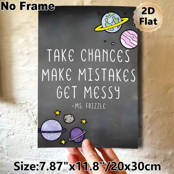 Space Inspirational Quote Painting Poster, Chalkboard-style Cartoon Planets & Typography Poster, Motivational Message To Embrace Risks, Ideal For_maomaolike.com