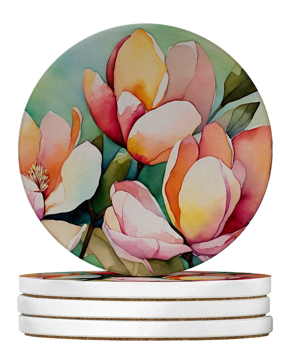 Mississippi Magnolia In Watercolor Large Sandstone Coasters Pack Of 4 Absorbent Round Coasters Decor Gifts For Men Or Women, 4 In, Multicolor_maomaolike.com