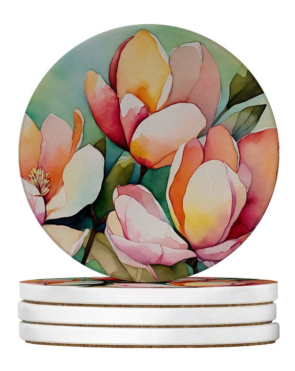 Mississippi Magnolia In Watercolor Large Sandstone Coasters Pack Of 4 Absorbent Round Coasters Decor Gifts For Men Or Women, 4 In, Multicolor_maomaolike.com