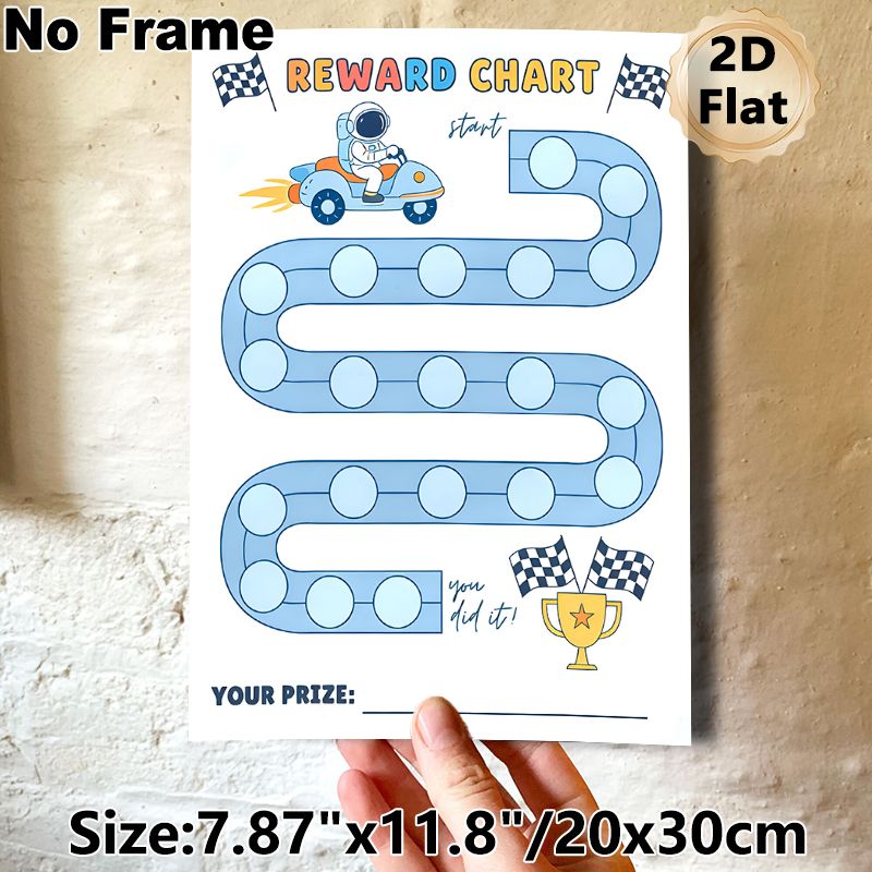 Astronaut Race Themed Reward Chart Painting Poster, Cute Cartoon Style Spaceman Driving Rocket Car On Track Poster, Practical Progress-tracking Option_maomaolike.com