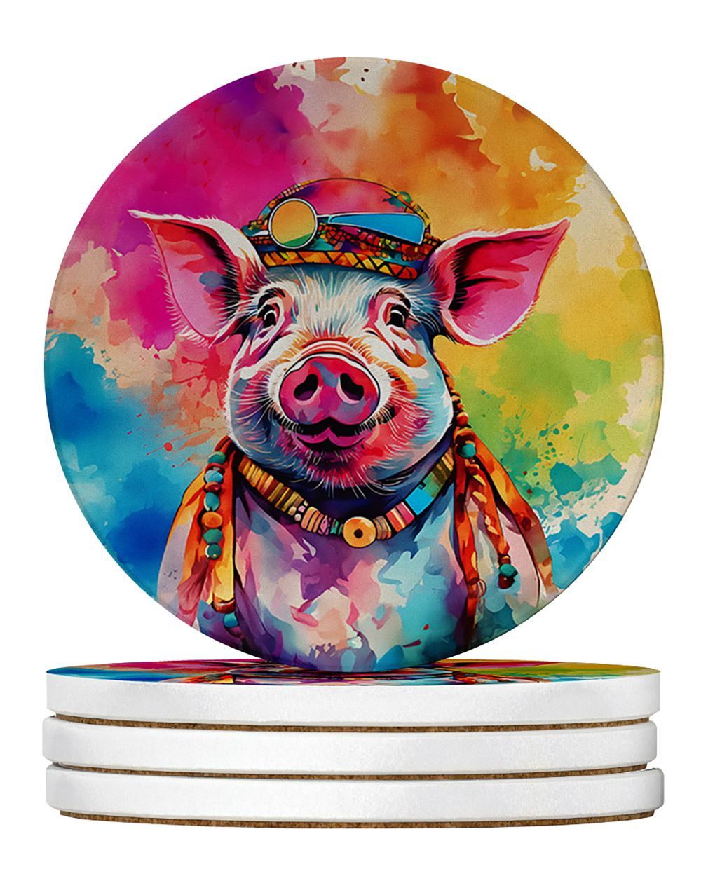 Hippie Animal Pig Large Sandstone Coasters Pack Of 4 Absorbent Round Coasters Decor Gifts For Men Or Women, 4 In, Multicolor_maomaolike.com