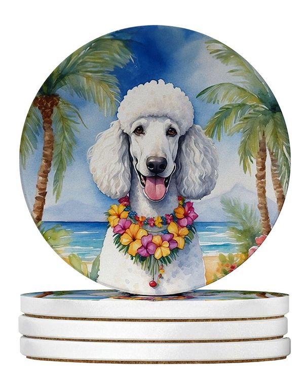 White Poodle Luau Large Sandstone Coasters Pack Of 4 Absorbent Round Coasters Decor Gifts For Men Or Women, 4 In, Multicolor_maomaolike.com