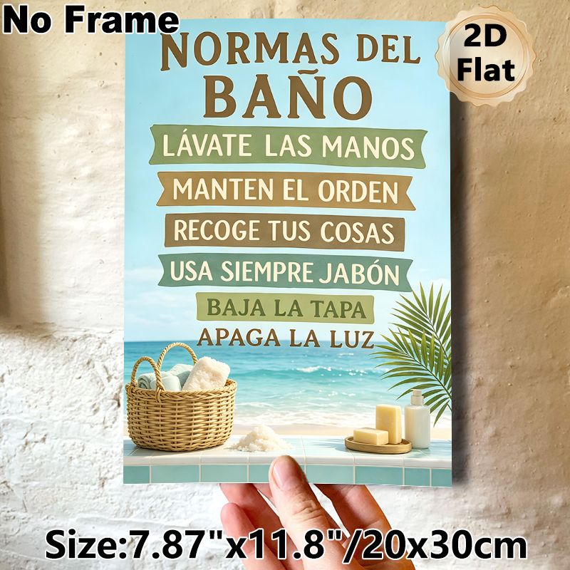 Spanish Bathroom Rules Painting Poster, Coastal-themed Serene Beach Scene With Bath Essentials Poster, Clearly Displays Bathroom Guidelines, Suitable_maomaolike.com