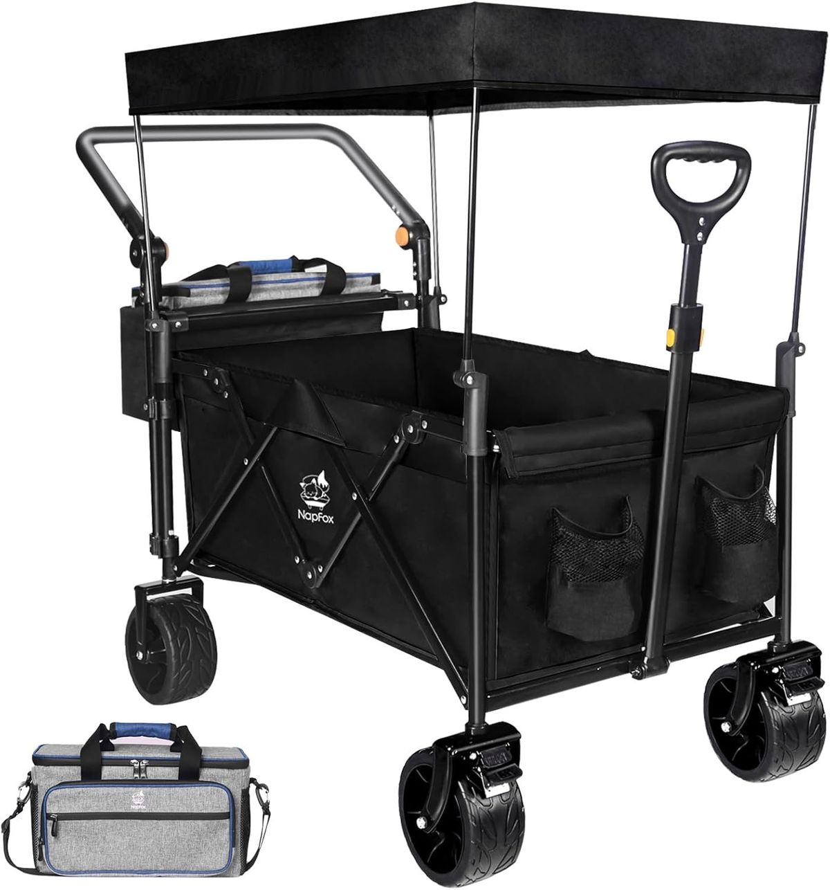 Collapsible Wagon Heavy Duty Folding Wagon Cart With Removable Canopy, 4" Wide Large All Terrain Wheels, Brake, Adjustable Handles,Cooler Bag Utility Carts For Outdoor Garden Beach_maomaolike.com