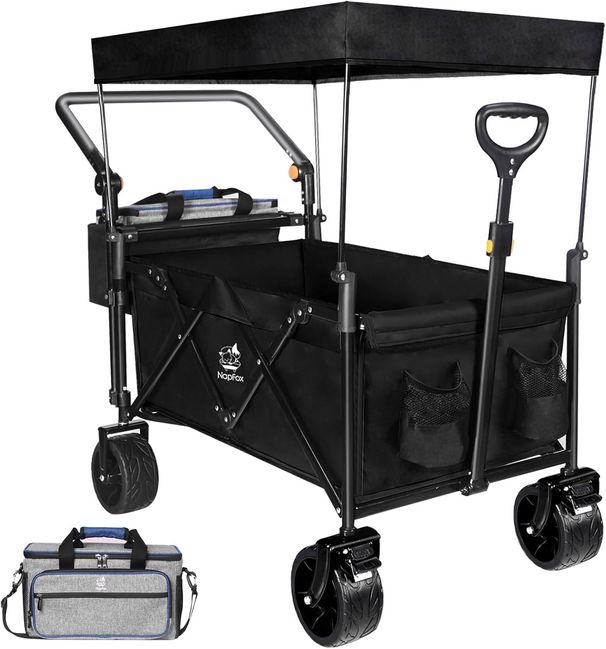 Collapsible Wagon Heavy Duty Folding Wagon Cart With Removable Canopy, 4" Wide Large All Terrain Wheels, Brake, Adjustable Handles,Cooler Bag Utility Carts For Outdoor Garden Beach_maomaolike.com