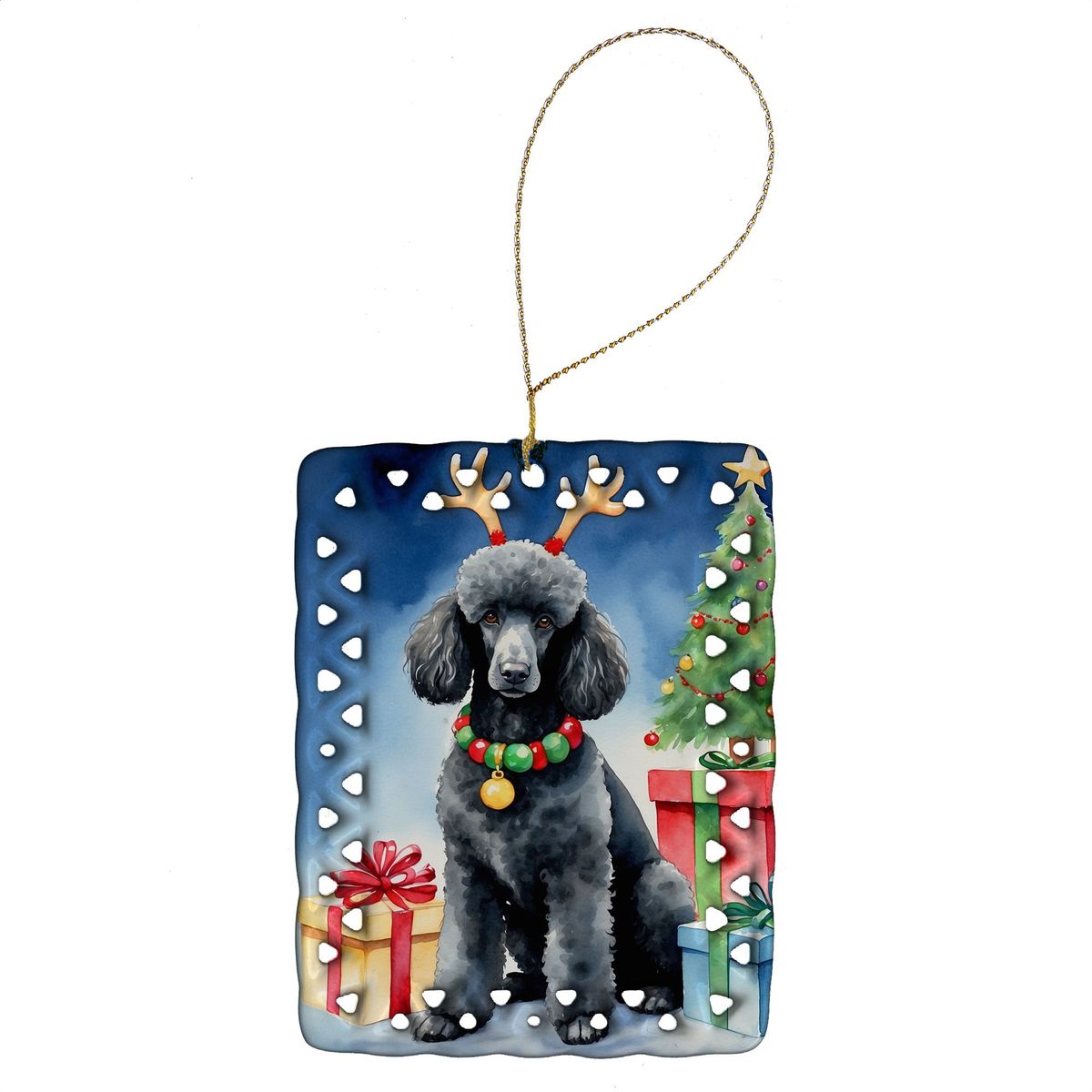 Black Standard Poodle Christmas Reindeer Porcelain Ornament Christmas Tree Hanging Decorations For Home Christmas Holiday, Rectangle, Gift, Multicolor_maomaolike.com