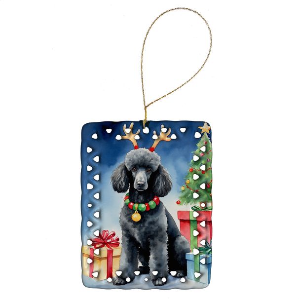 Black Standard Poodle Christmas Reindeer Porcelain Ornament Christmas Tree Hanging Decorations For Home Christmas Holiday, Rectangle, Gift, Multicolor_maomaolike.com