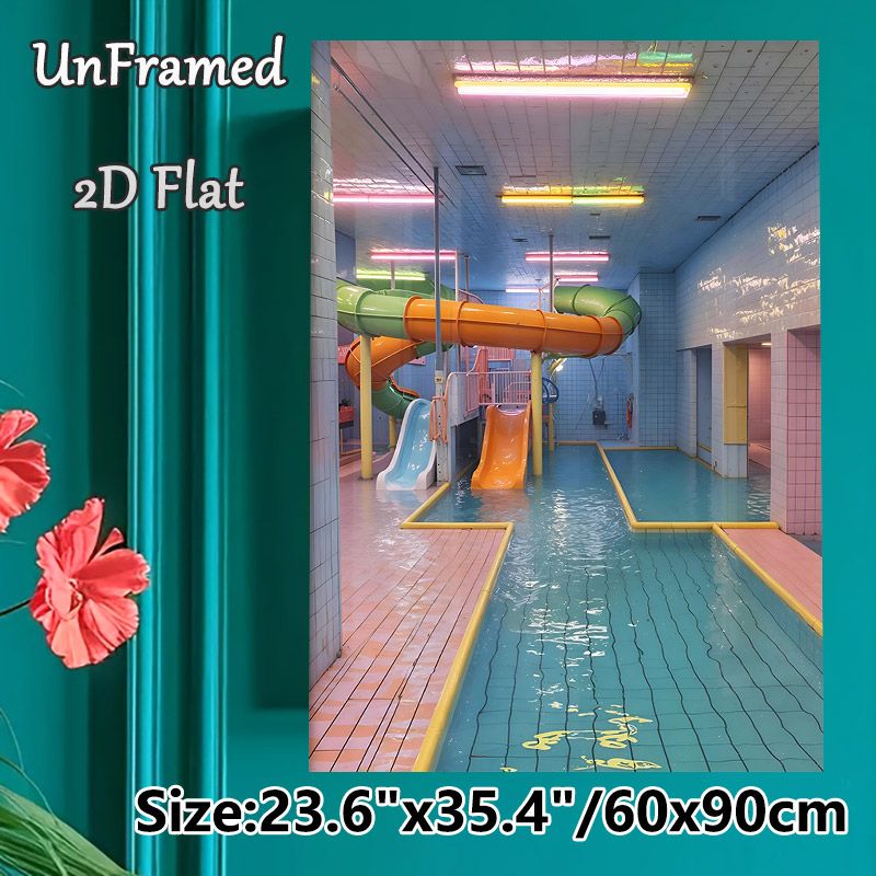 Indoor Water Park Painting Poster, Retro Pastel-toned Water Slides & Pool Scene Poster, Nostalgic Eye-catching Wall Decor For Home, Entertainment_maomaolike.com
