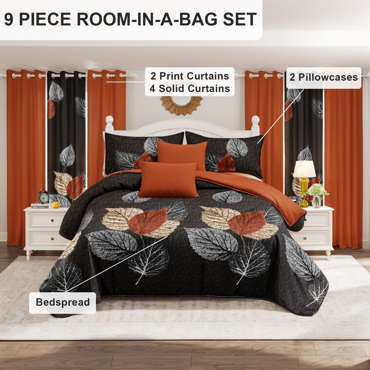 9 Piece Soft All-Season Washed Microfiber Cover Set , Queen/King/Calking Bedding Set With Pillowcases,Bedspread Print Curtains & Solid Curtains,Print, Moisture-Wicking, Soft ,Cooling, Easy Care_maomaolike.com