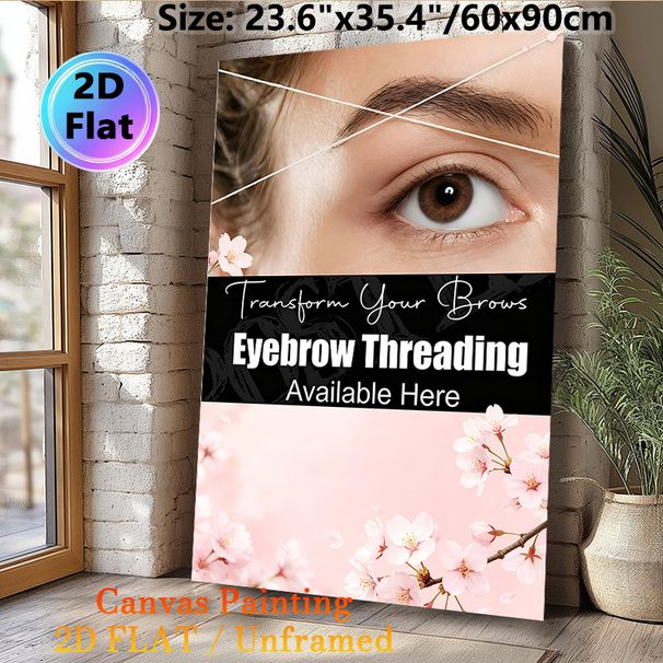 Eyebrow Threading Painting Poster, Soft & Elegant Close-up Eye With Threading String & Cherry Blossoms Poster, Clear Beauty Service Reminder For_maomaolike.com