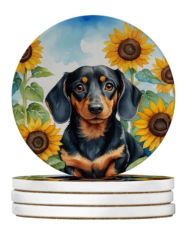 Dachshund In Sunflowers Large Sandstone Coasters Pack Of 4 Absorbent Round Coasters Decor Gifts For Men Or Women, 4 In, Multicolor_maomaolike.com