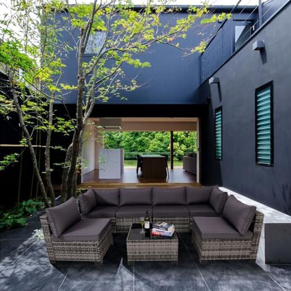 7-Piece Outdoor Patio Furniture Sets, All-Weather Wicker Rattan Sectional Sofa, Modern One Glass Coffee Table And Washable Seat Cushion (Gray)_maomaolike.com