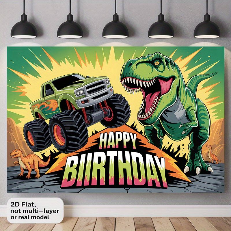 Dinosaur Monster Truck Birthday Banner - 2D Flat Polyester Backdrop With Happy Birthday Text, Green Orange, Wall Hanging Photo Props, Party Decor_maomaolike.com