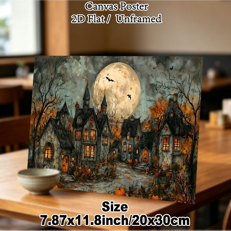 Halloween Village Painting Poster, Vintage Watercolor Spooky Moonlit Village Scene Poster, Atmospheric Seasonal Decor Ideal For Home, Living Room And_maomaolike.com