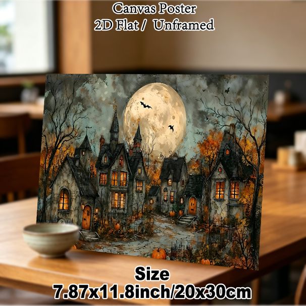 Halloween Village Painting Poster, Vintage Watercolor Spooky Moonlit Village Scene Poster, Atmospheric Seasonal Decor Ideal For Home, Living Room And_maomaolike.com