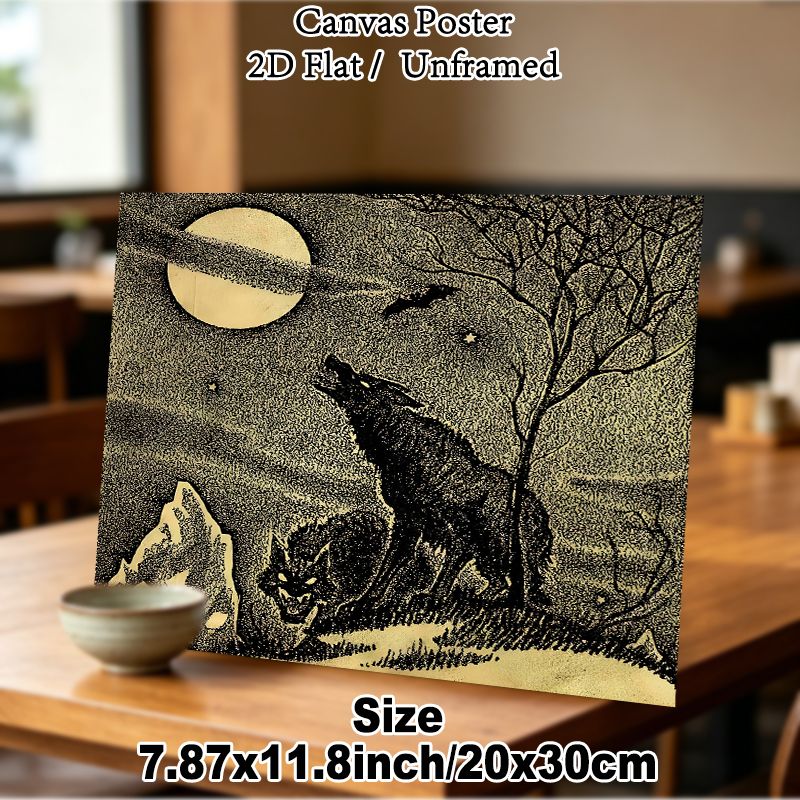 Howling Wolf & Creepy Creature Painting Poster, Vintage Stippling Style Night Scene Poster, Spooky Atmospheric Decor Suitable For Living Room, Bedroom_maomaolike.com