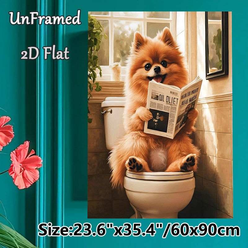 Pomeranian Dog Painting Poster, Warm-toned Whimsical Pet Scene Poster, Funny Lighthearted Design Ideal For Bathroom Wall Decor_maomaolike.com