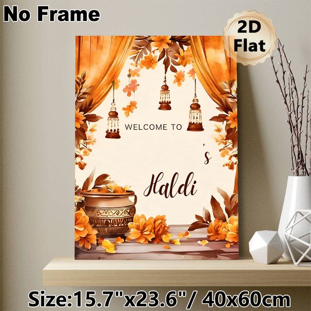Haldi Welcome Painting Poster, Warm Watercolor Style Poster, Orange Floral & Lantern Adorned Festive Welcome Decor, Ideal For Haldi Ceremony Venues_maomaolike.com