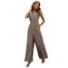 Women's clothing elastic waist high collar halter neck sleeveless floral wide-leg casual pants jumpsuit_maomaolike.com