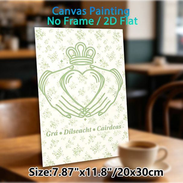 Claddagh Themed Painting Poster, Soft Green Minimal Line Art Floral Pattern Poster, Conveys Love, Loyalty And Friendship, Ideal For Living Room_maomaolike.com