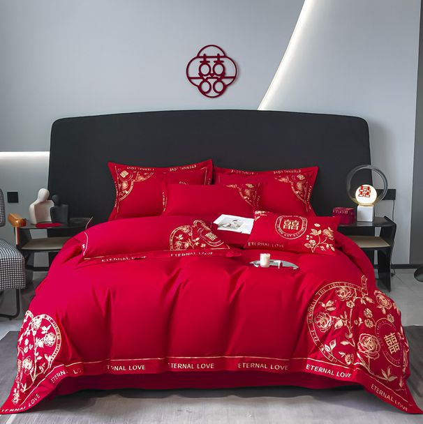 Manufacturer Wholesale 100% 60s Long Staple Four-Piece Set Pure Cotton Bright Red Wedding Room Embroidered Bedding_maomaolike.com
