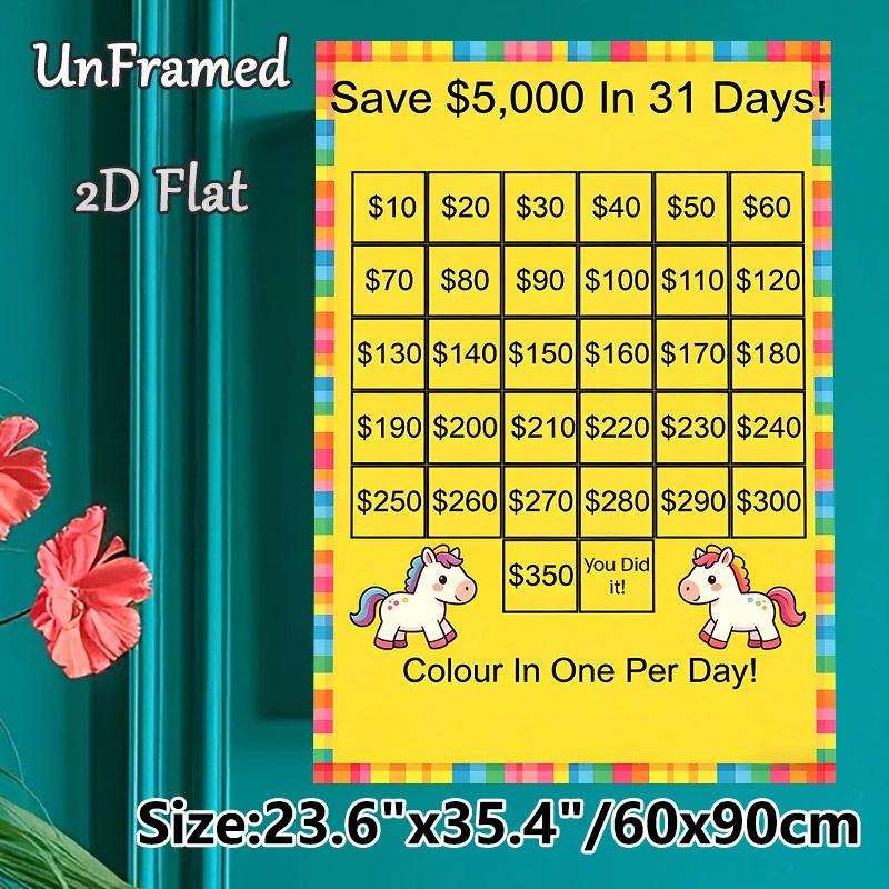 $5000 31-Day Savings Challenge Painting Poster, Colorful Cartoon Pony Themed Poster, Practical Tool To Track Daily Savings Progress, Ideal For Home_maomaolike.com