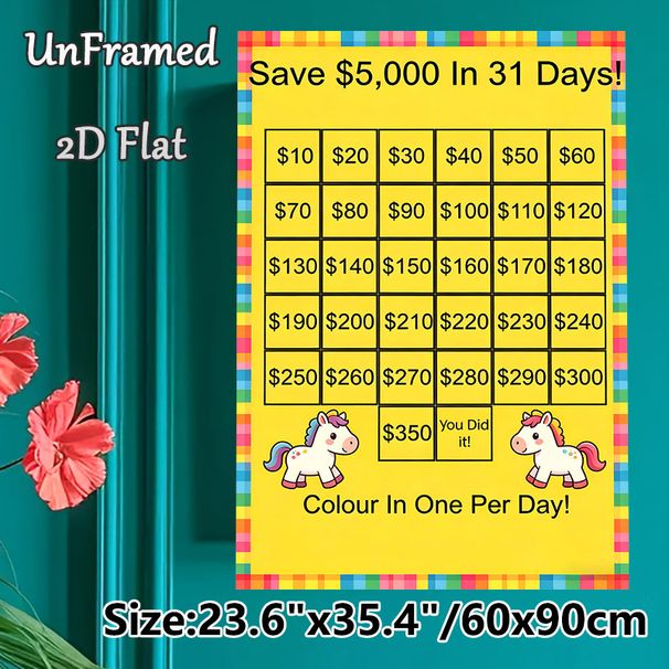 $5000 31-Day Savings Challenge Painting Poster, Colorful Cartoon Pony Themed Poster, Practical Tool To Track Daily Savings Progress, Ideal For Home_maomaolike.com