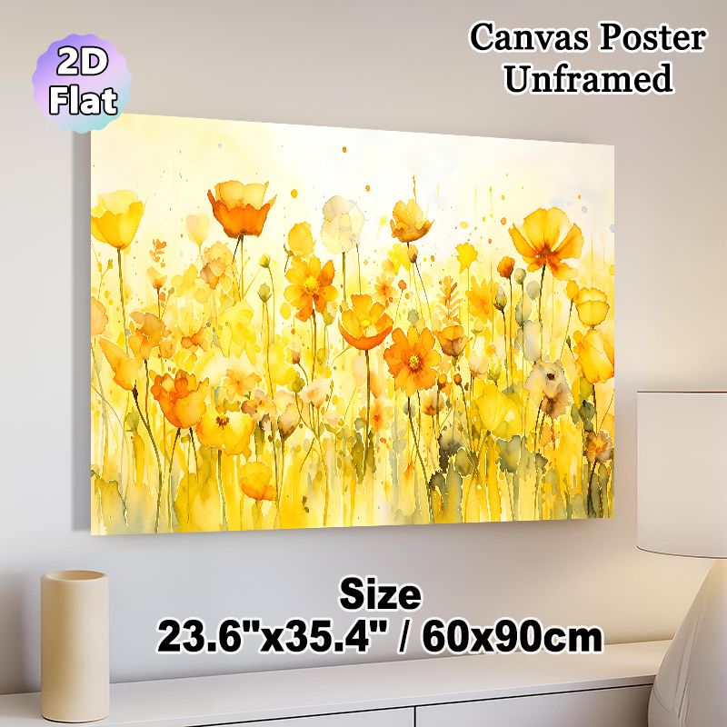 Yellow Wildflower Themed Painting Poster, Soft Watercolor Vibrant Yellow Wildflower Field Poster, Warm-toned Gentle Floral Decor Idea For Living Room_maomaolike.com