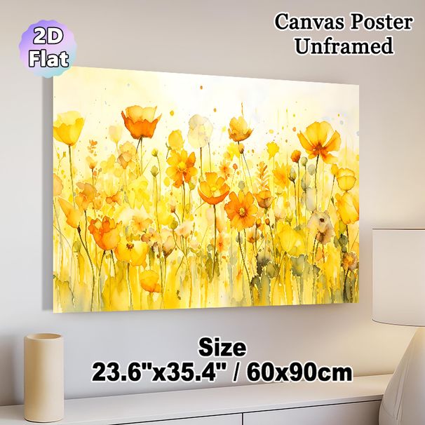 Yellow Wildflower Themed Painting Poster, Soft Watercolor Vibrant Yellow Wildflower Field Poster, Warm-toned Gentle Floral Decor Idea For Living Room_maomaolike.com